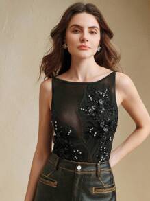 Anewsta 优雅时尚珍珠装饰无袖串珠背心针织上衣夏季