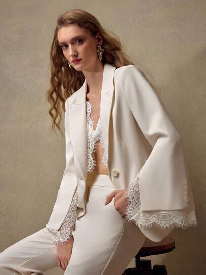 MOTF PREMIUM PEAK COLLAR CONTRAST LACE SPLIT SLEEVE SINGLE BUTTON BLAZER & FLARE LEG PANTS OUTFIT