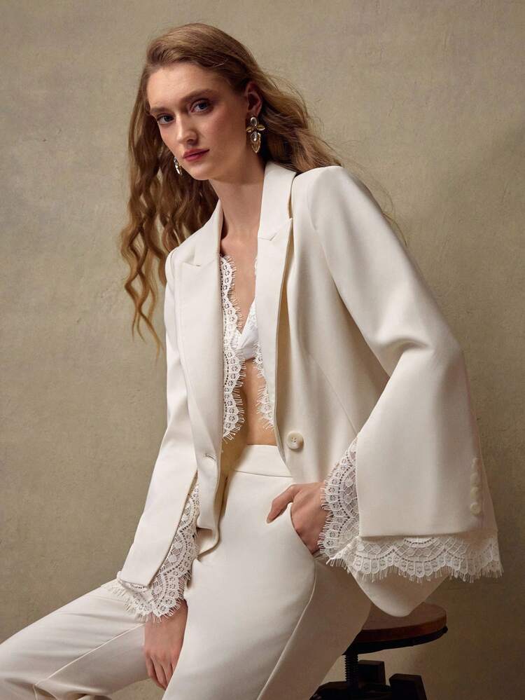 PEAK COLLAR CONTRAST LACE SPLIT SLEEVE SINGLE BUTTON BLAZER & FLARE LEG PANTS OUTFIT