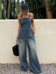 DAZY 女式夏季宽松休闲牛仔背带裤 - 藍色 - 查看 5