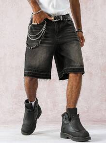 STEELVANCE 男士宽松阔腿休闲牛仔短裤，春夏休闲街头风格 - 黑色 - 查看 9