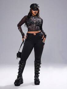 Whyspr 大码女式圆链装饰镂空修身打底裤 - 黑色 - 查看 3