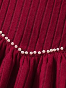 Sparklyn 2pcs/Set Tween GirlsElegant Jeweled Ribbed Fuzzy Crew Neck Puff Sleeve Top And Simple Knitted Long Pants Casual Outfits, Autumn/Winter Fall - Burgundy - View 7