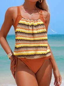 SHEIN Swim Bộ 2 chiếc/Bộ đồ bơi tankini họa tiết ziczac đi biển mùa hè cho nữ, giúp thon gọn và che bụng - Nhiều màu - Xem 1