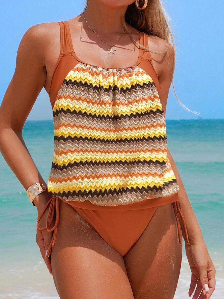 SHEIN Swim Bộ 2 chiếc/Bộ đồ bơi tankini họa tiết ziczac đi biển mùa hè cho nữ, giúp thon gọn và che bụng - Nhiều màu - Xem 1