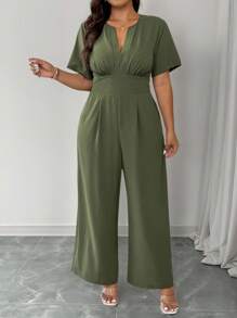 Elenzga Plus Size Women's Elegant Shirred Waisted Jumpsuit, Casual For Commuting, Vacation, Afternoon Tea, Party, Solid Color