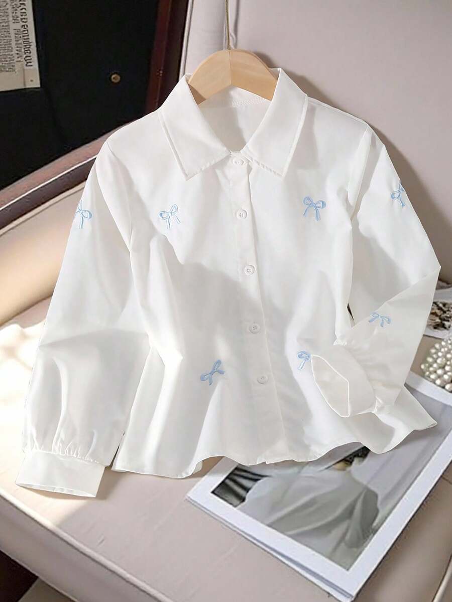 Genkimix Kids Girls Casual Fashionable Everyday Minimalist Turn-Down Collar Long Sleeve Loose Bow Embroidery Design White Shirt, Versatile Top For Back To School, Autumn Fall Winter