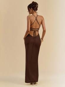 SHEIN BAE 长款缎面 V 领露背系带连衣裙，杏色/白色，优雅度假连衣裙，伴娘礼服，生日派对礼服，毕业礼服，春夏季 - 咖啡棕 - 查看 2