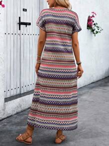 EMERY ROSE Women Fashionable Colorful Striped Short Sleeve Dress Maxi Women Outfit - Purple - View 2