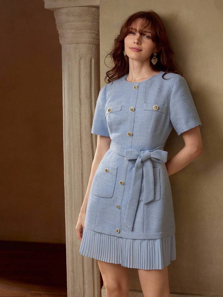 TWEED GOLD BUTTON DETAIL PATCH POCKET PLEATED HEM BELTED SHORT DRESSMotf