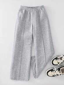 BASICS 青少年女孩休闲日常舒适 V 腰宽松直筒针织运动裤 - 灰色 - 查看 1