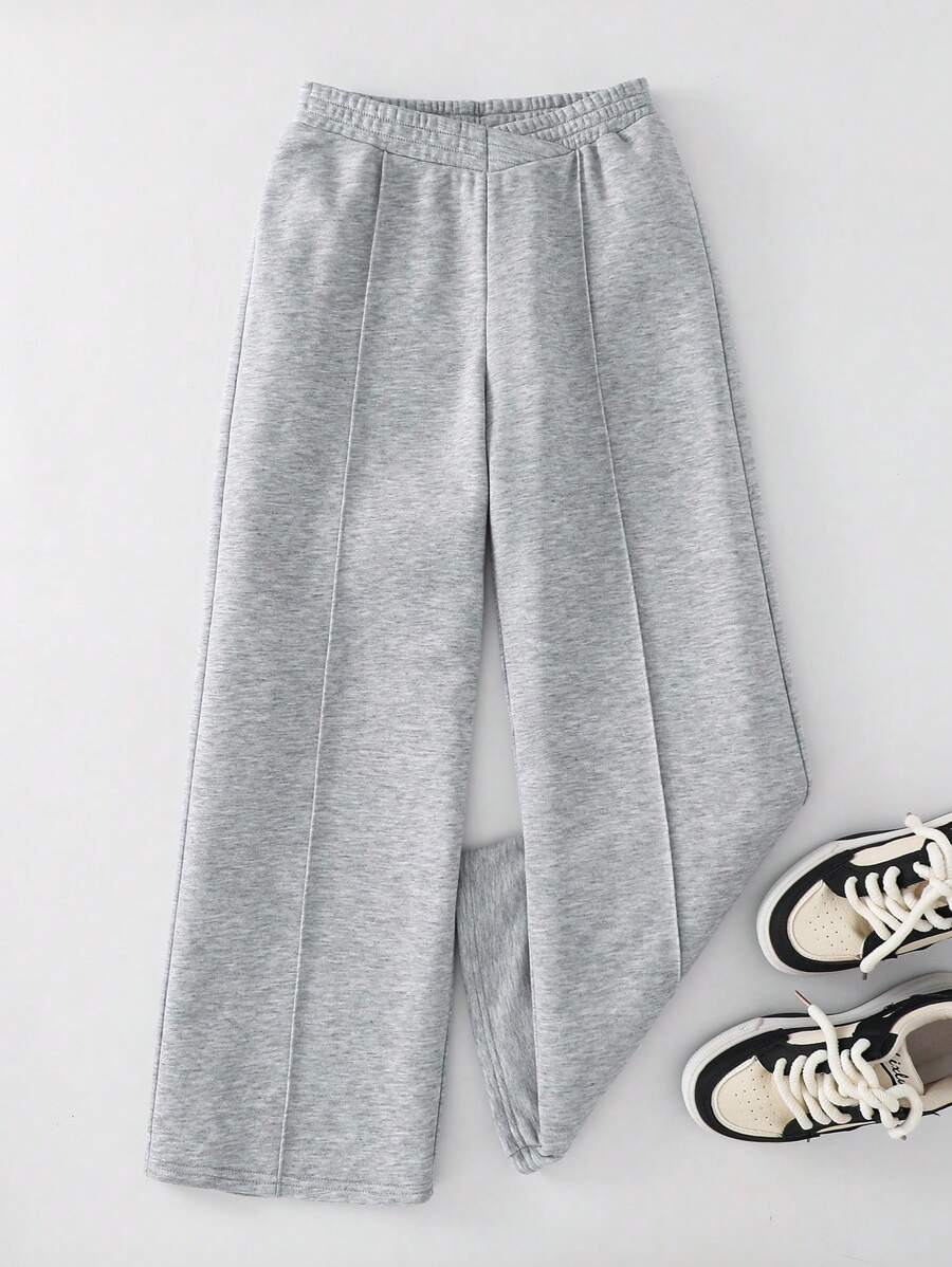 BASICS 青少年女孩休闲日常舒适 V 腰宽松直筒针织运动裤 - 灰色 - 查看 1