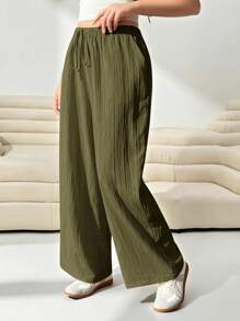 Solflare Pantalón cargo de mujer talla grande, holgado, tejido, en verde olivo