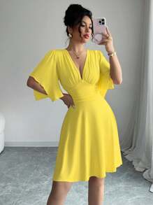 Elenzga New V-Neck Ruched Bust Ruffle Sleeves Women's Waist Cinched Elegant Mini Dress, Flattering & Chic - Yellow - View 6