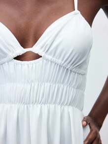 Maija 2025 Summer White Tropical Vacation Holiday Dress,Elasticated Waist Ruffled Asymmetric Tie Bow,Elegant Office Lady Wedding Guest Party Beach Dress - Champagne - View 6