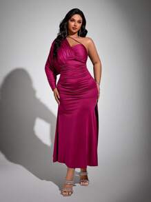 Viva Relle Party Plus Asymmetrical Neck Ruched Split Thigh Dress Fall Cloth For Women - Hot Pink - View 2