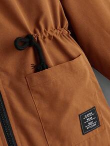 SHEIN Young Boy Casual Drawstring Waist Faux Fur Hooded Padded Parka Coat, Autumn/Winter Fall - Brown - View 3