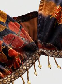 ROMWE Hippie Parte superior sin mangas de mujer de terciopelo con estampado de paisley, con adorno de cuentas de madera y flecos, adecuada para usar con faldas o pantalones, ropa de vacaciones