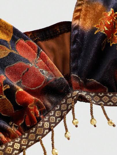 Hippie Parte superior sin mangas de mujer de terciopelo con estampado de paisley, con adorno de cuentas de madera y flecos, adecuada para usar con faldas o pantalones, ropa de vacaciones