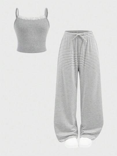 SHEIN Girlism Tween Girls Casual Homewear Fitted Lace Trim Camisole And Wide Leg Striped Knit Pants Set, Light Gray Striped Two Piece Set Casual Two Piece Set 2 Piece Outfits For Kid GIRLS Two Piece Set
