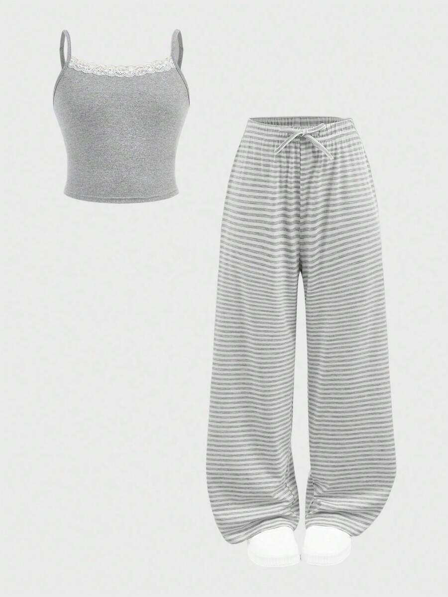 青少年女孩休闲家居服合身蕾丝花边吊带背心和阔腿条纹针织裤套装，麻灰色 - 淺灰色 - 查看 1