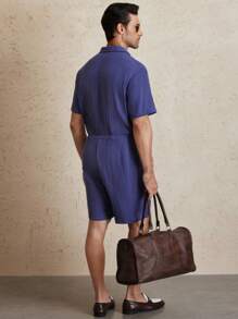 Manfinity Homme Combinaison décontractée d'été pour homme, couleur unie, bouton, demi-zip, cordon de serrage à la taille, manches courtes