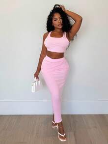 Alexandranx Conjunto de dos piezas para mujer, top sin mangas y falda, de unicolor y diseño sencillo - Rosa - Ver 4