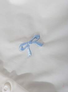 Genkimix Kids Girls Casual Fashionable Everyday Minimalist Turn-Down Collar Long Sleeve Loose Bow Embroidery Design White Shirt, Versatile Top For Back To School, Autumn Fall Winter