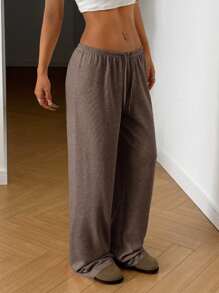 SHEIN EZwear 秋季大码休闲宽松纯色裤 - 卡其色 - 查看 5