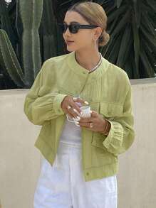 Livesso Women Casual Outdoor Solid Color Loose Stand Collar Long Sleeve Jacket, Thin Summer Windbreaker - Green - View 1