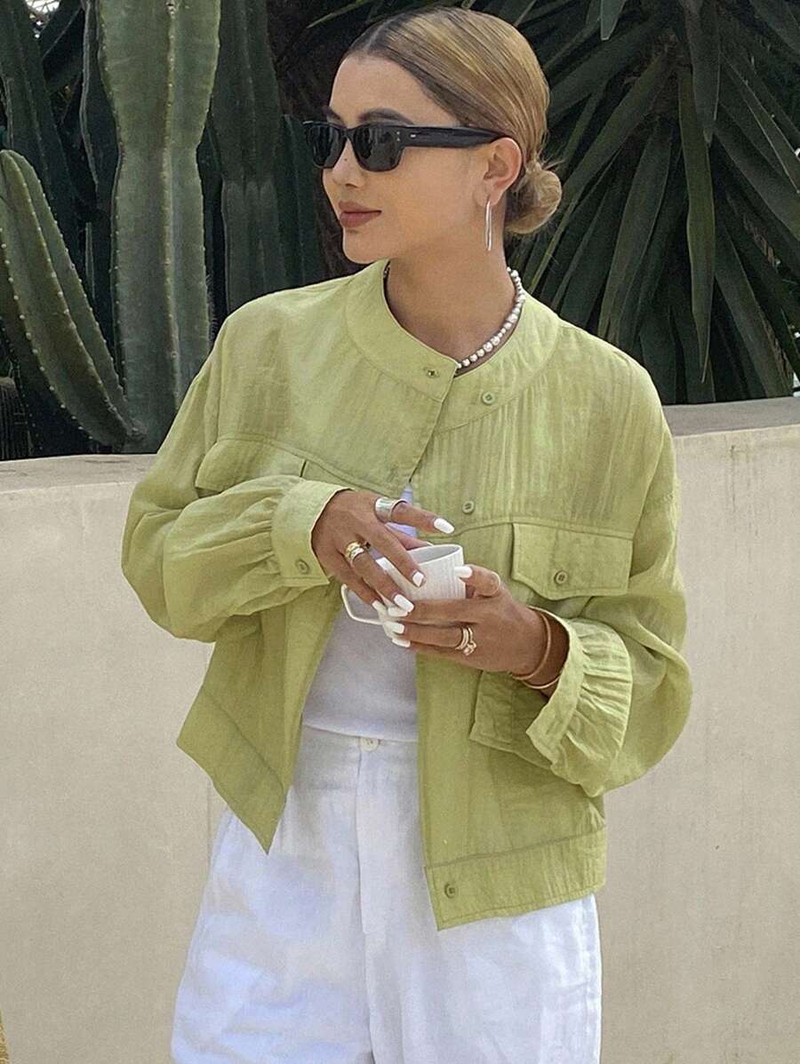 Livesso Women Casual Outdoor Solid Color Loose Stand Collar Long Sleeve Jacket, Thin Summer Windbreaker - Green - View 1