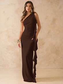 SHEIN BAE 纯色不对称荷叶边露背长款网眼荷叶边下摆女士优雅连衣裙，海滩度假连衣裙，春夏 - 咖啡棕 - 查看 7