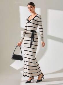 CLARA VERO Elegant Coastal Striped Maxi Knit Dress With Waist Bow Detail,Winter Dresses For Women,Petite - Black and White - View 4