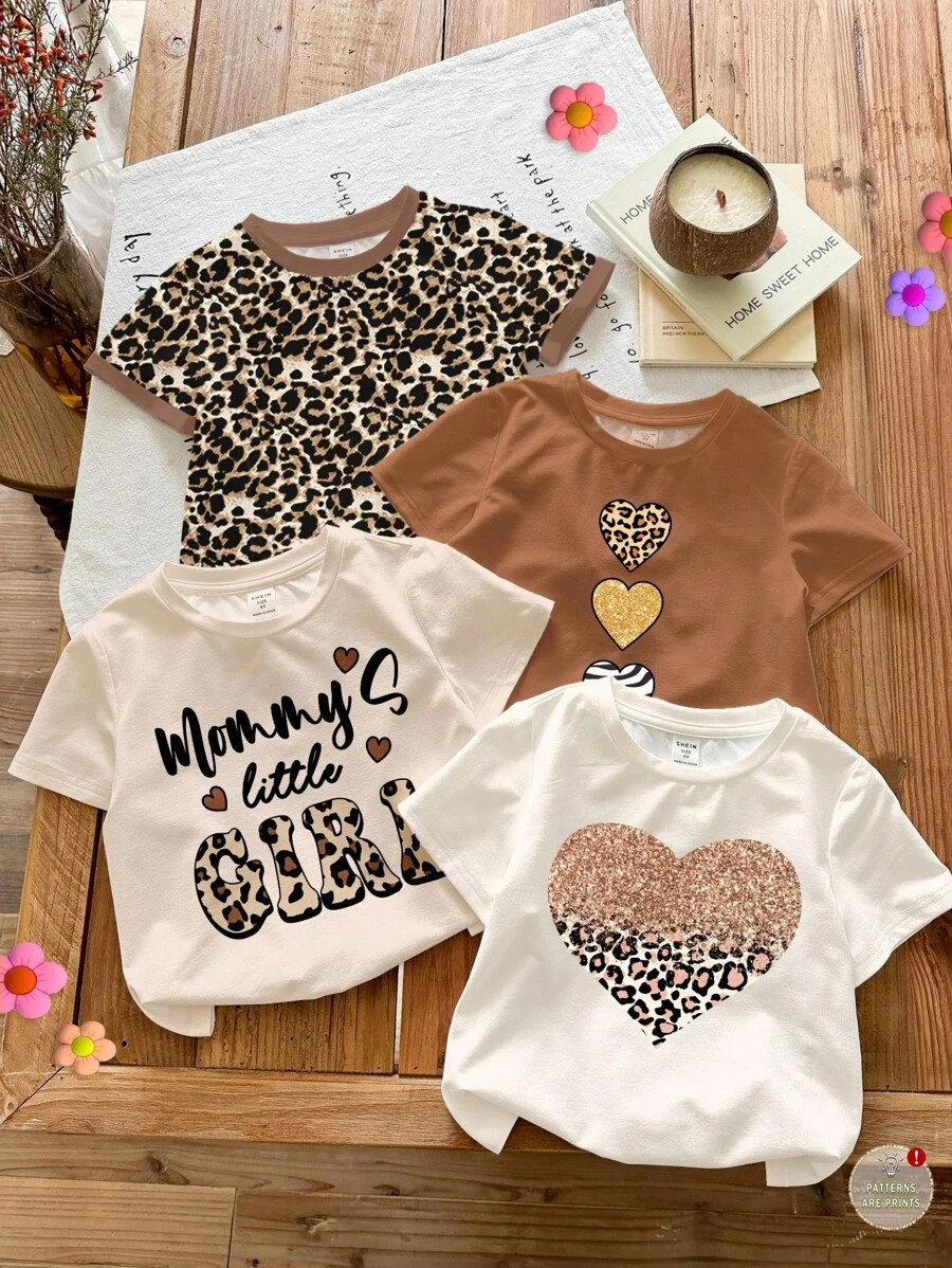 SHEIN Happikins 女童四件套奶油色和米色复古豹纹爱心图案“妈妈”印花圆领短袖基础款T恤,夏季舒适百搭,适合秋季叠穿,时尚休闲,印花T恤,返校季,秋季,南瓜色,万圣节 - 彩色 - 查看 1