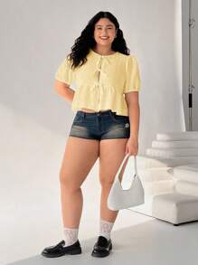 Solflare Plus Size Casual Solid Color Tie Cuff Puff Sleeve Shirt - Yellow - View 3