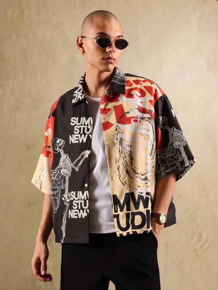 Hemd mit grafischem Print und Skelett-Design zum Knöpfen