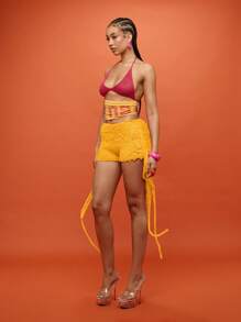 SUMWON WOMEN 钩针流苏短裤手工针织波西米亚风节日沙滩装夏季高腰波西米亚风迷你短裤女款 - 黃色 - 查看 3