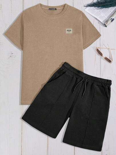 EURMUSE 100%Cotton Men's Classic Waffle Check Placket Detail Short Sleeve T-Shirt And Shorts Set