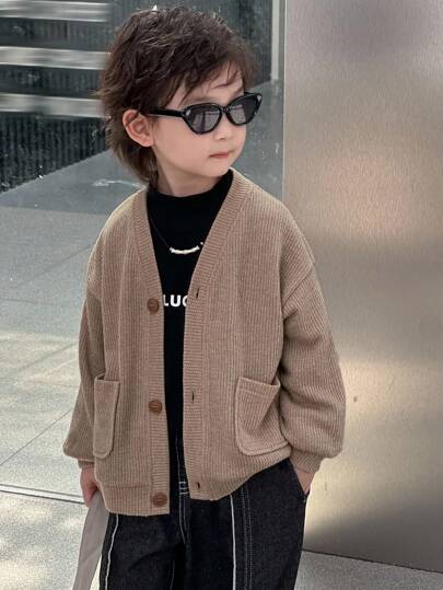 Dazy Kids Toddler Boys' Loose V-Neck Cardigan Jacket, Casual Textured Fabric, Autumn