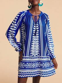 Travachic Women's Royal Blue Autumn Boho Vacation Holiday Plant Graphic Tassel Tie Neck Raglan Sleeve Loose Mini Shift Printed Tunic Blue And White Dress - Blue - View 2