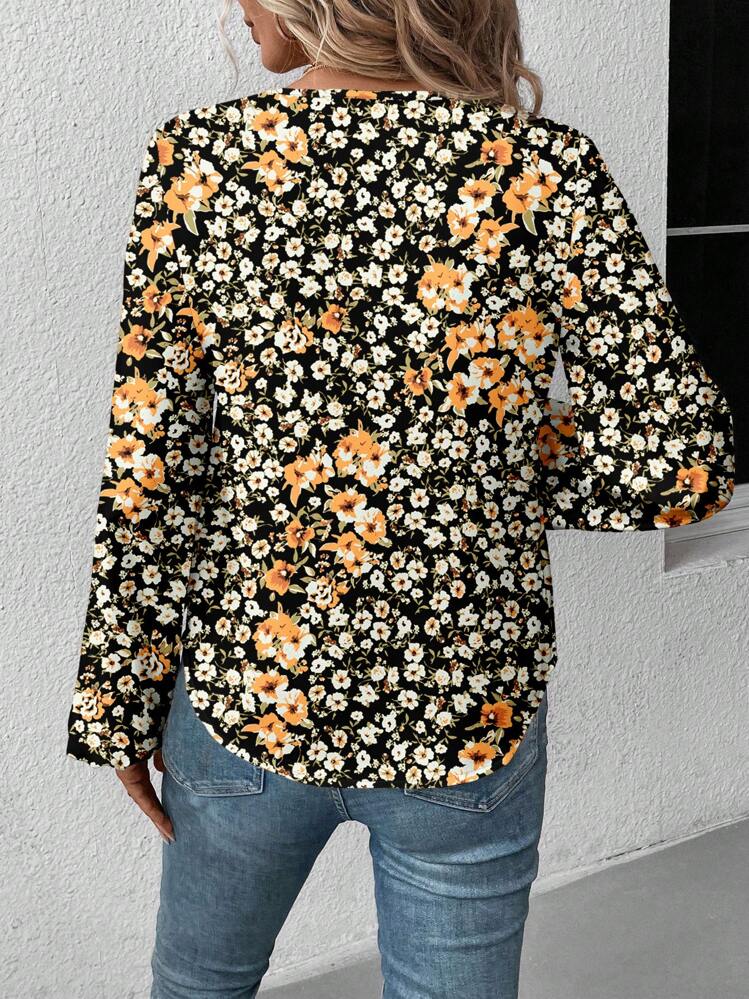 SHEIN LUNE Casual V-Neck Long Sleeve Shirt For Women, Suitable For Autumn/Winter - Multicolor - View 3