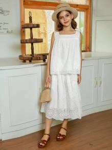 Hapijoa 2pcs/Set Tween Girl Girls Sleeveless Square Neck Top And Skirt Outfit, Summer - White - View 3