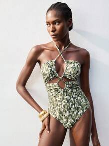 Maija 1 件女式度假全身印花镂空吊带连体泳衣，波西米亚风收腹泳衣，7 月 4 日泳衣 - 綠色 - 查看 3
