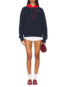 Champion 女士撞色抽绳连帽长袖落肩宽松休闲连帽衫 - 藏蓝色 - 查看 3