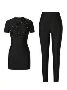 SHEIN Swim Shayni Bộ đồ bơi Burkini đi nghỉ mát thường ngày màu đen cổ tròn tay ngắn có dây rút đính hạt cho nữ mùa hè mới - màu đen - Xem 7