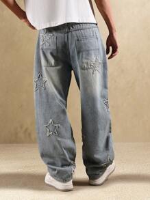 Calça Denim Larga Super Folgada da SUMWON com Bordado de Estrela, Caimento Solto, Moda Casual, Declaração de Estilo, Perna Larga, Streetwear, Festival, Concerto, Estética Moderna Grunge Y2K, Lisa - Azul - Visão 3