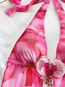 SHEIN x Eduarda Gutierrez Soleia Women's Bohemian Tie-Dye Floral Print Knit Mesh Halter Backless Tie Front Decorative 3D Flower Vest And Mini Ruched Skirt Set, Suitable For Party, Date, Afternoon Tea, Beach, Carnival, Summer Outfitting, Can Be Worn Inside Or Outside Pink Beach Outfit Pink Vacation Outfit Two Piece Beach Set Beach Skirt Set - Multicolor - View 4