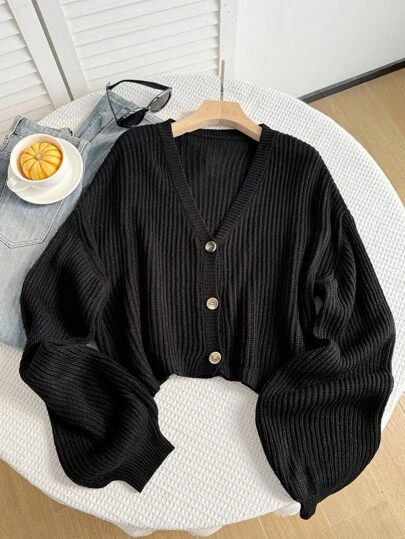 SHEIN EZwear Plus Size Women's Lantern Sleeve Button Front Rib Knit Black Cardigan,Long Sleeve Tops,Fall,Winter,Back To School,Warm Autumn