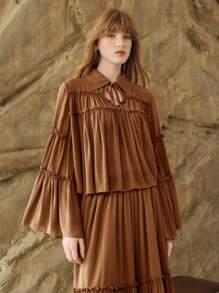 Arave 女士雪纺褶皱荷叶边系领宽松飘逸衬衫，秋季女装，外出上衣，波西米亚风美拉德印花 - 摩卡棕 - 查看 4