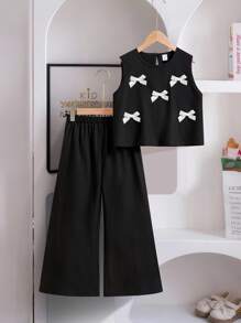 SHEIN Elladie kids 2 件套幼儿女童时尚可爱 3D 蝴蝶结装饰无袖背心和七分裤套装，适合日常穿着、度假和外出，春夏季 - 黑色 - 查看 4